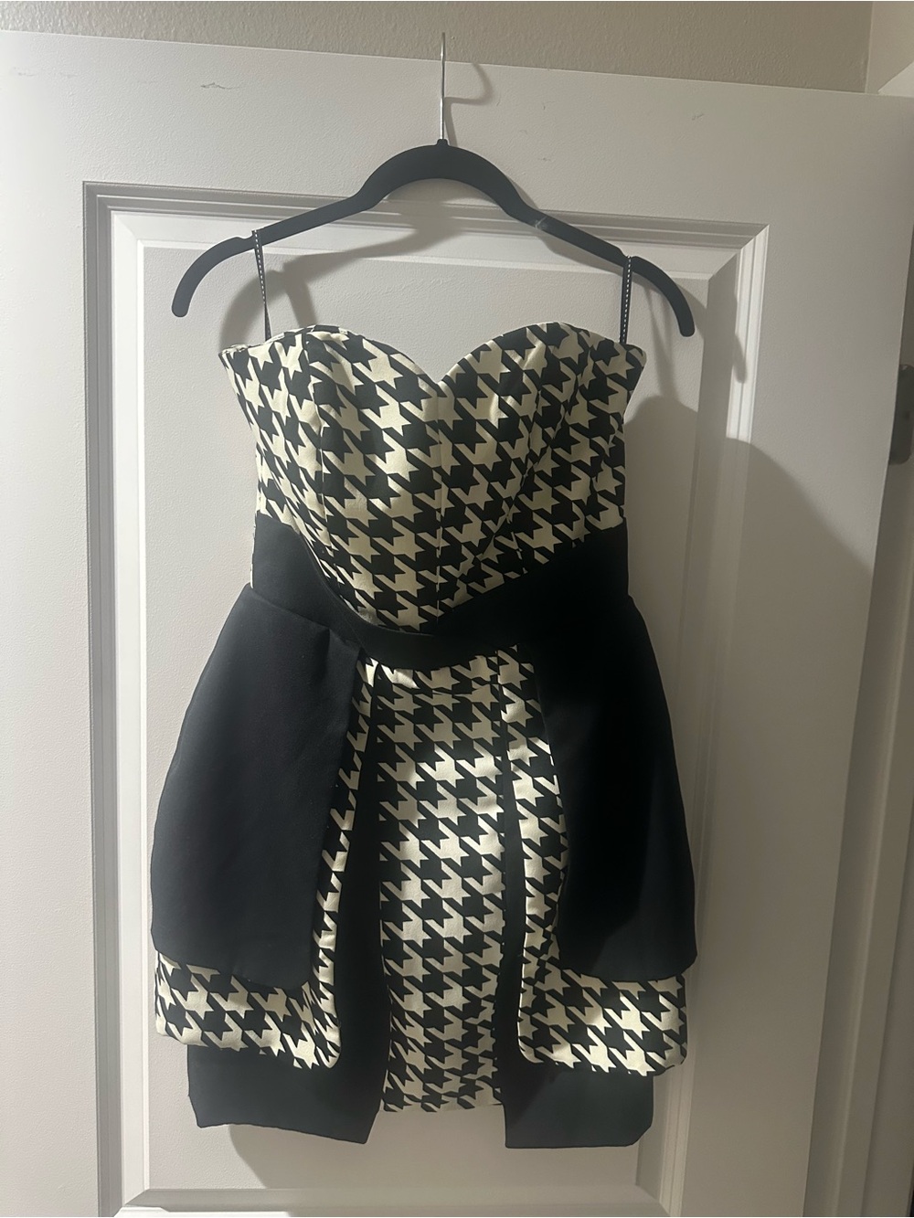 Black and White Houndstooth Strapless Cocktail Dress